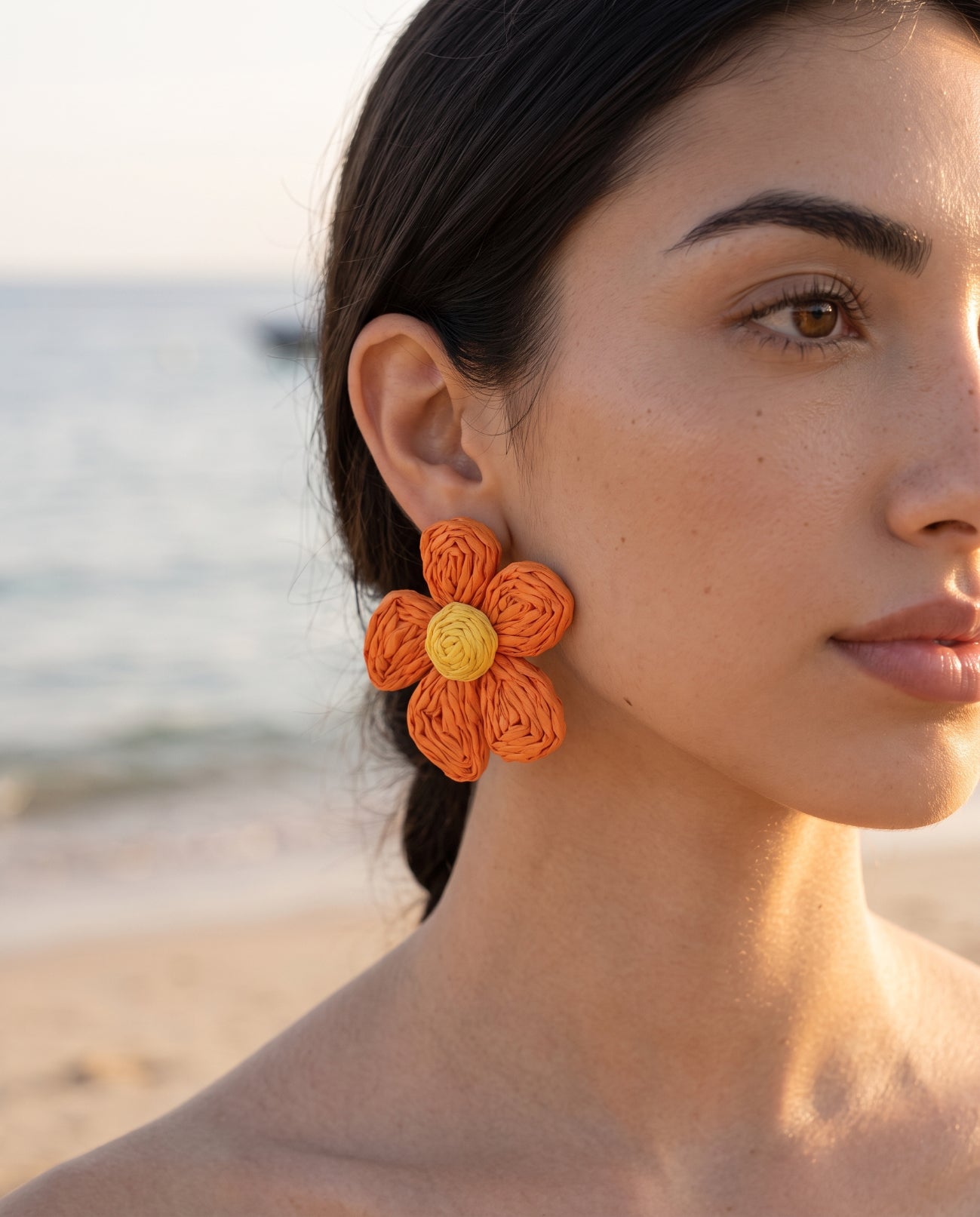 Tangerine Daisy Raffia Earrings