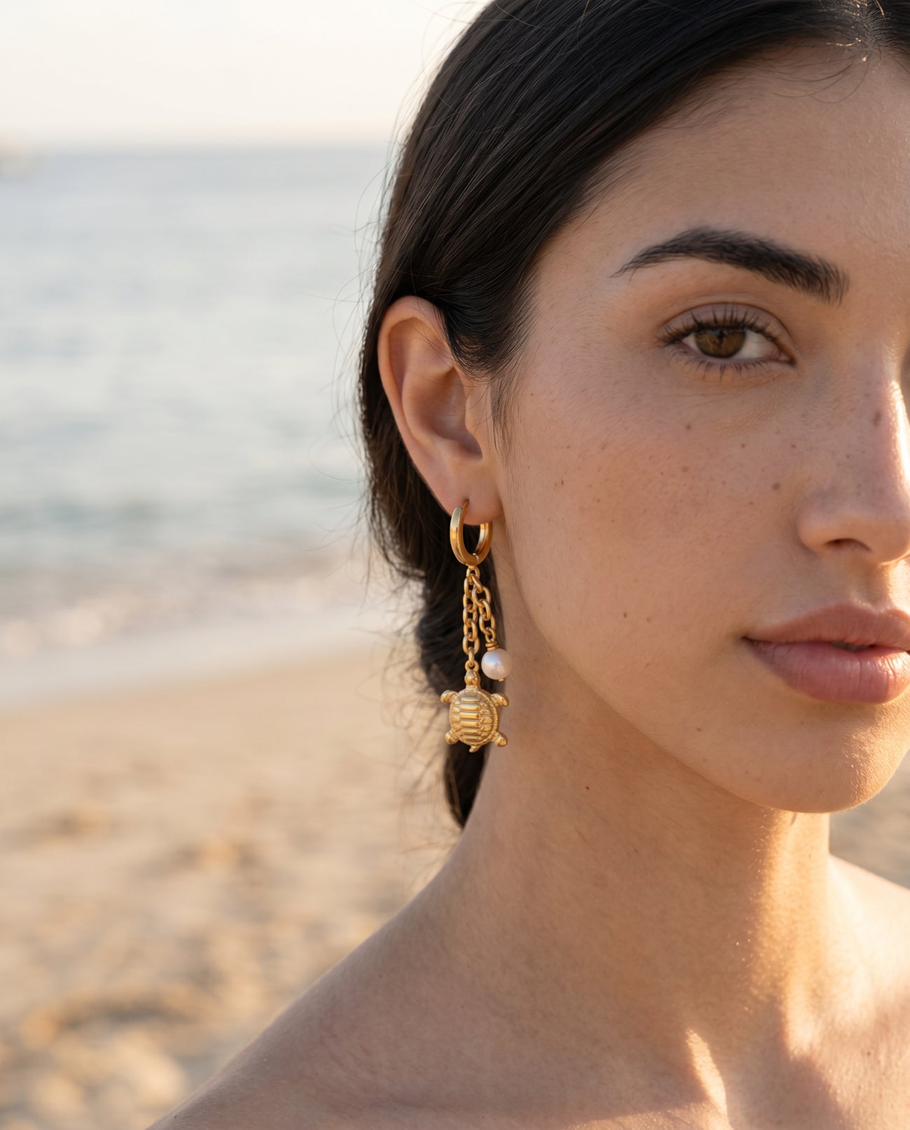 Golden Turtle Pearl Chain Earrings