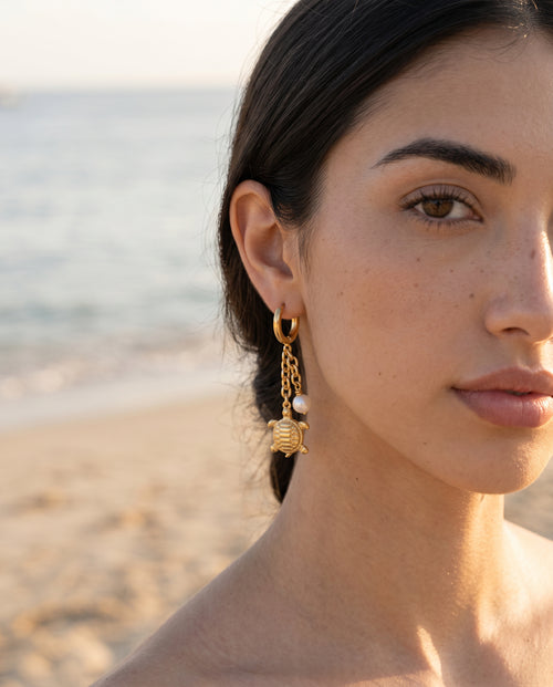 Golden Turtle Pearl Chain Earrings