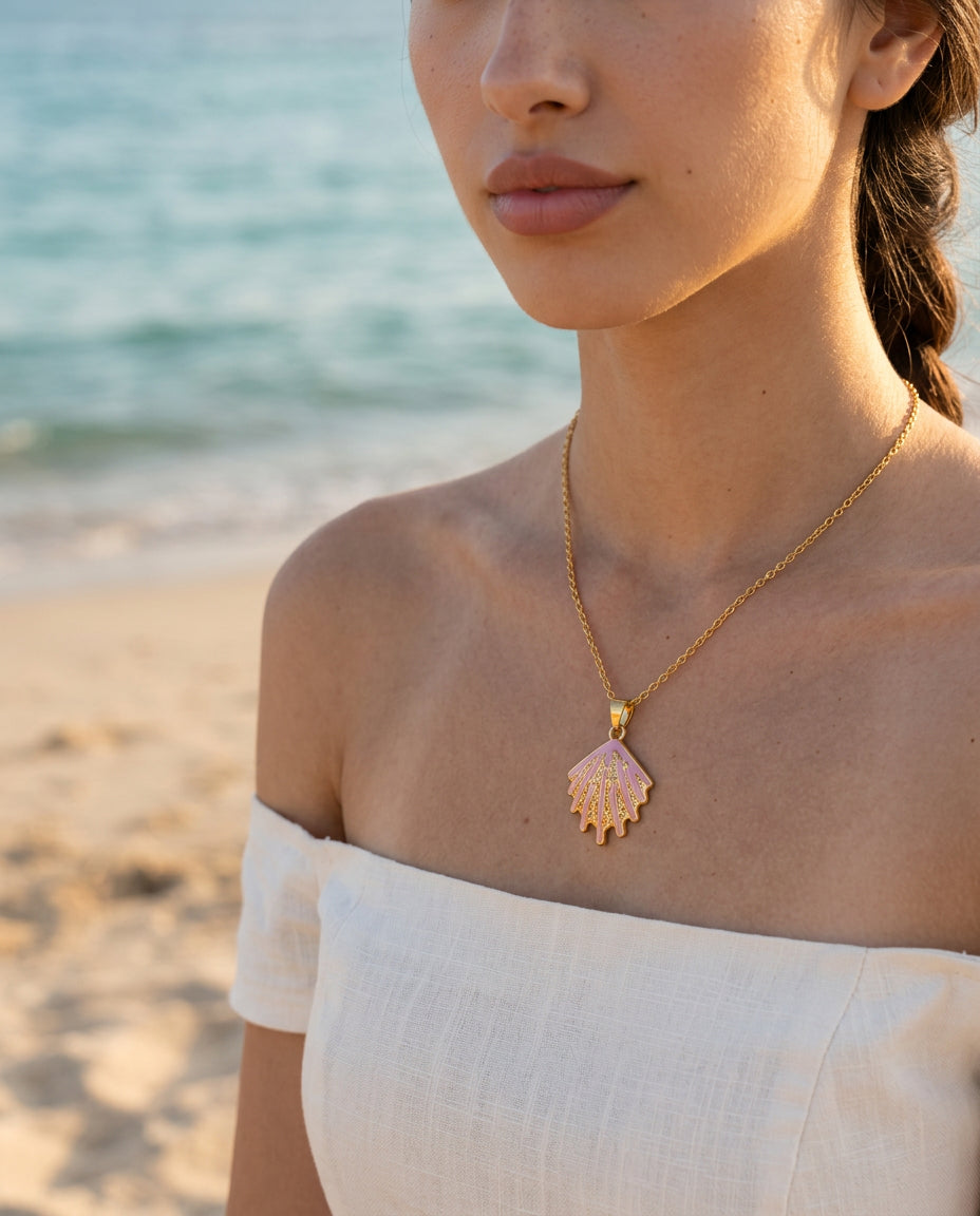 Pink Coral Fan Pendant Necklace - detail