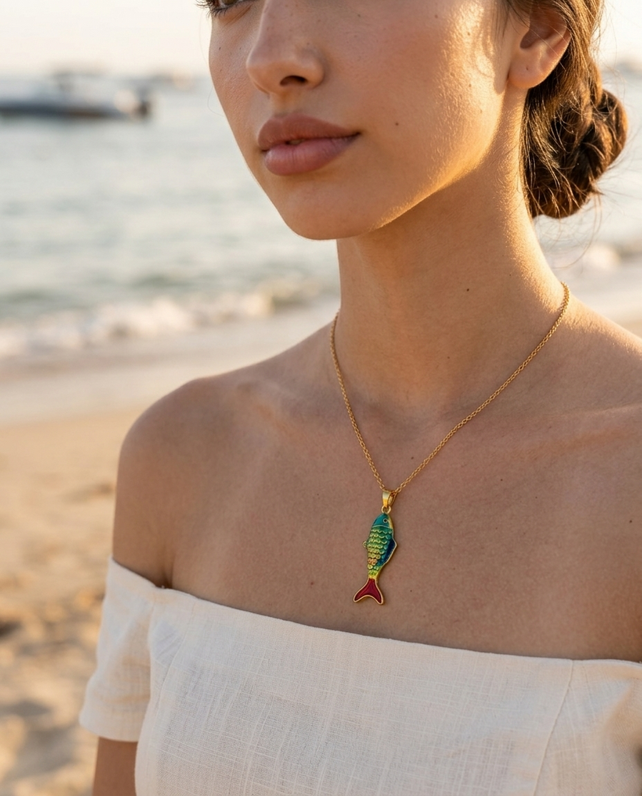 Teal Scale Fish Pendant Necklace
