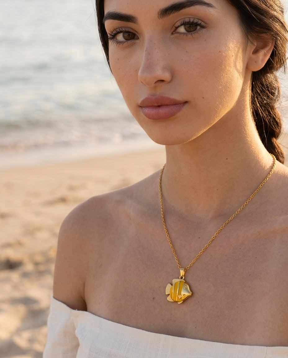 Golden Butterfly Fish Necklace - detail