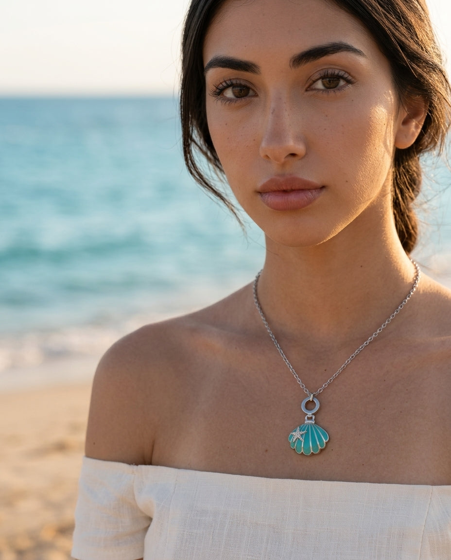 Teal Shell Starfish Silver Necklace - detail