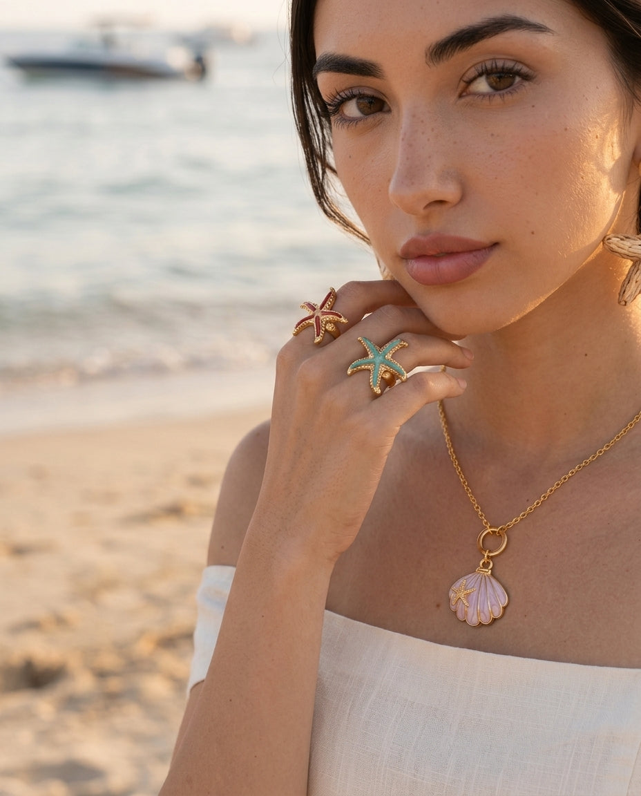Lavender Shell Starfish Drop Necklace - detail