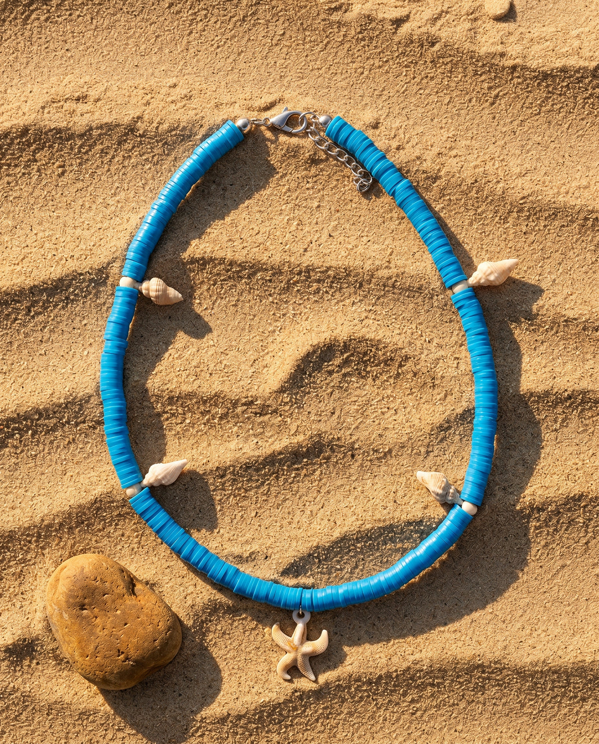 Sky Blue Heishi Conch & Starfish Necklace