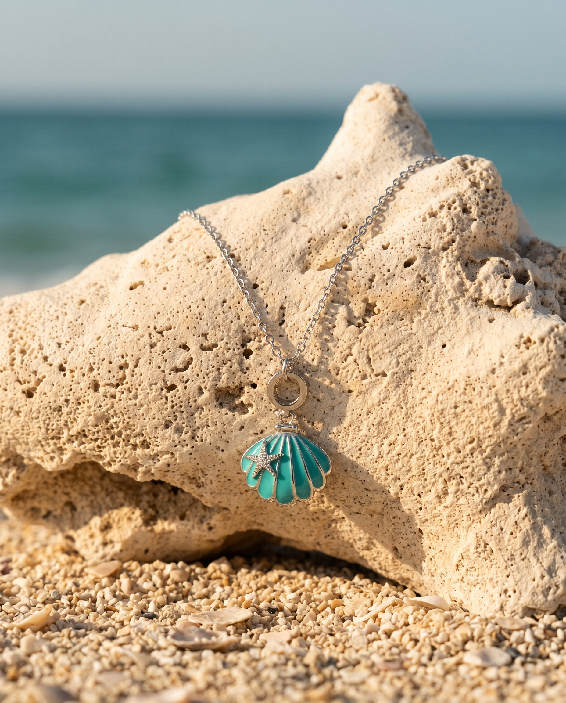 Teal Shell Starfish Silver Necklace