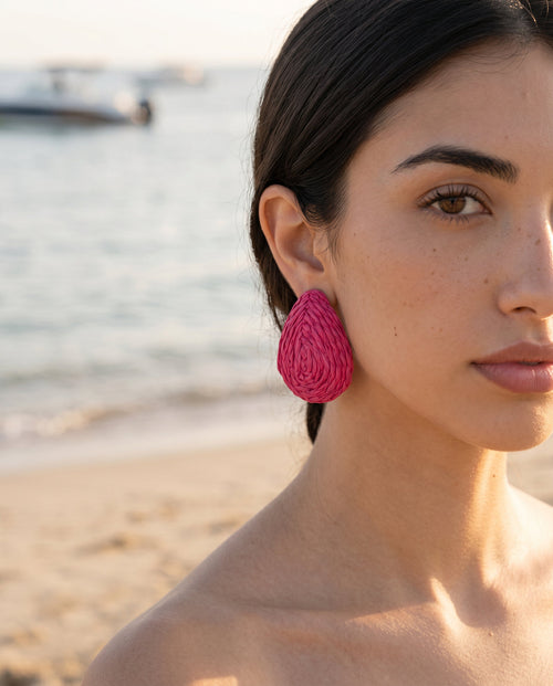 Fuchsia Teardrop Raffia Earrings