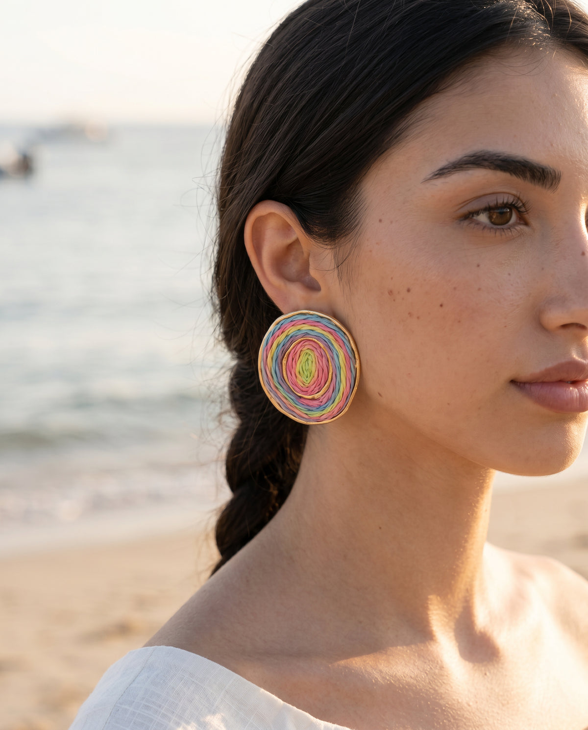 Rainbow Spiral Raffia Earrings