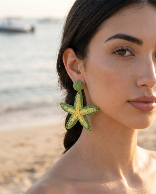 Green Starfish Raffia Earrings