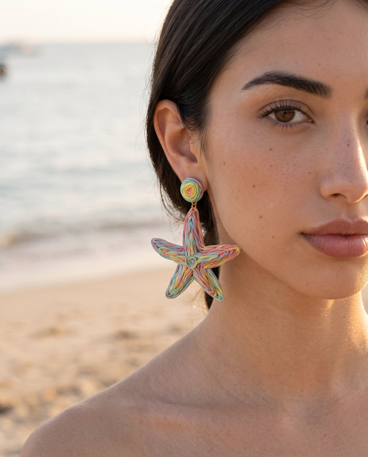 Rainbow Starfish Raffia Earrings