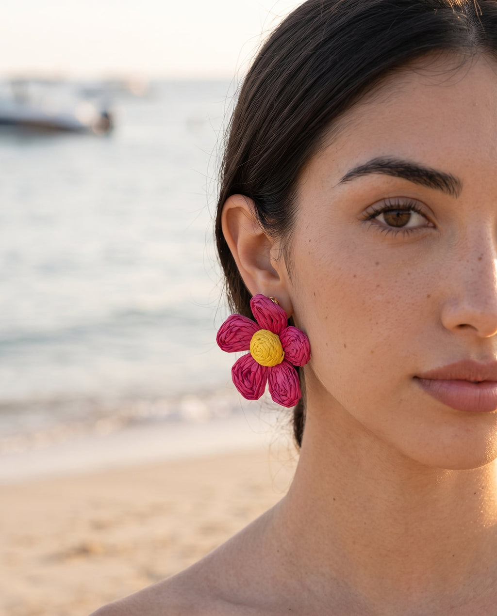 Fuchsia Daisy Raffia Earrings