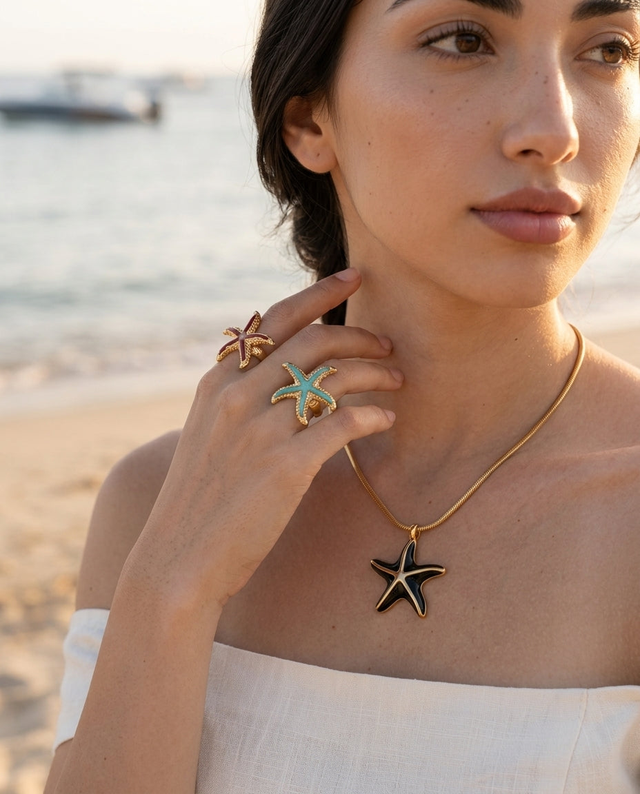 Onyx Starfish Snake Chain Necklace - detail