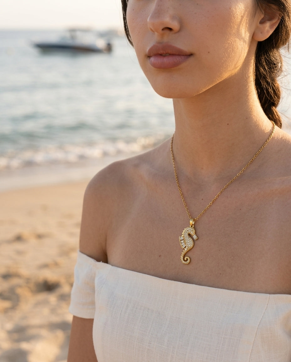 Crystal Pavé Seahorse Necklace - detail