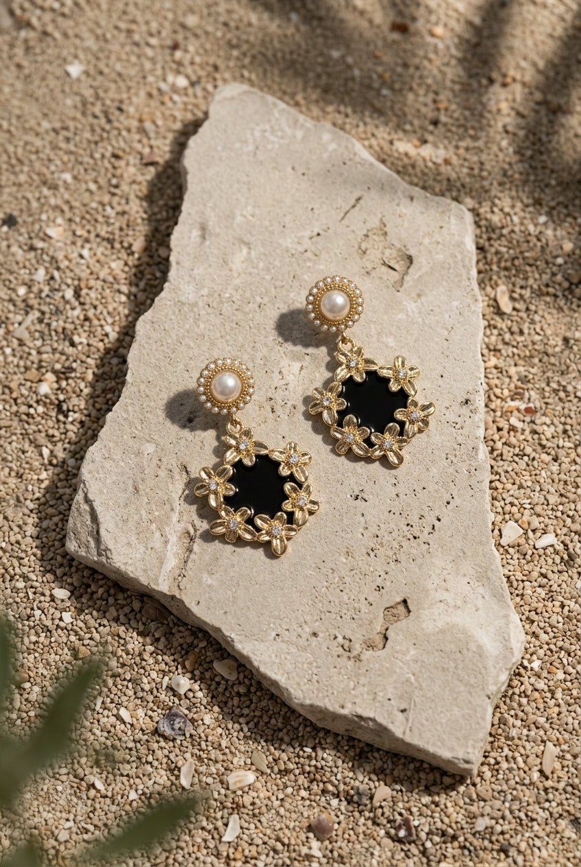 Noir Bloom Pearl Drop Earrings