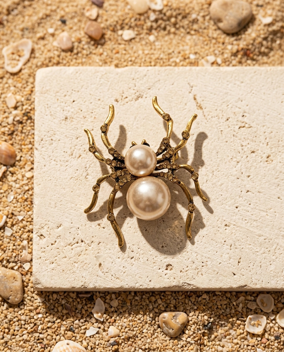 Golden Pearl Spider Brooch